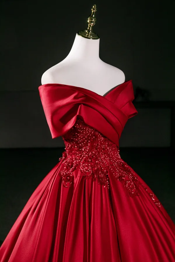 Vintage / Retro Burgundy Beading Pearl Lace Flower Sequins Prom Dresses 2026 Ball Gown Off-The-Shoulder Short Sleeve Backless Floor-Length / Long Formal Dresses