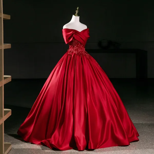 Vintage / Retro Burgundy Beading Pearl Lace Flower Sequins Prom Dresses 2026 Ball Gown Off-The-Shoulder Short Sleeve Backless Floor-Length / Long Formal Dresses