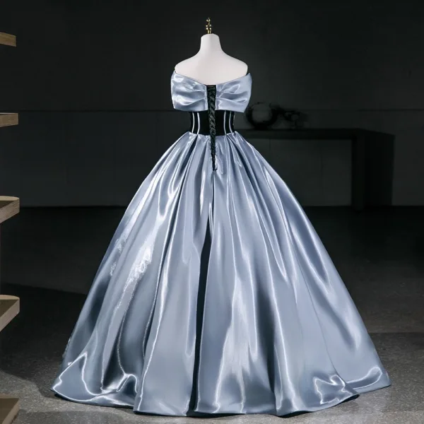 Vintage / Retro Sky Blue Prom Dresses 2026 Ball Gown Off-The-Shoulder Short Sleeve Backless Floor-Length / Long Formal Dresses