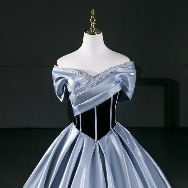 Vintage / Retro Sky Blue Prom Dresses 2026 Ball Gown Off-The-Shoulder Short Sleeve Backless Floor-Length / Long Formal Dresses