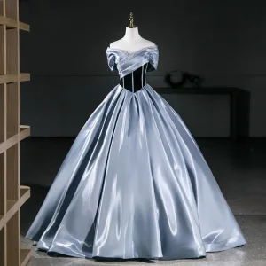 Vintage Originale Bleu Ciel Robe De Bal 2026 Robe Boule De L Épaule Manches Courtes Dos Nu Longue Robe De Ceremonie