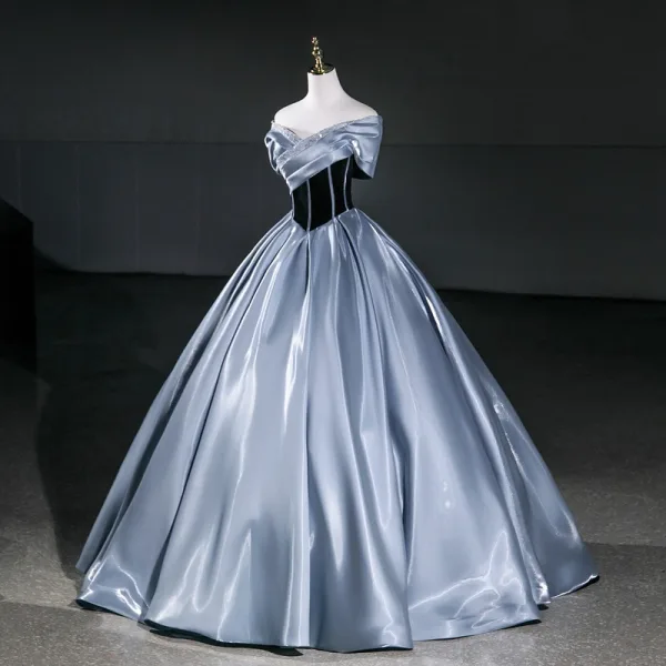 Vintage / Retro Sky Blue Prom Dresses 2026 Ball Gown Off-The-Shoulder Short Sleeve Backless Floor-Length / Long Formal Dresses
