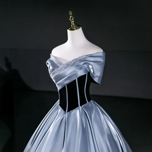 Vintage / Retro Sky Blue Prom Dresses 2026 Ball Gown Off-The-Shoulder Short Sleeve Backless Floor-Length / Long Formal Dresses