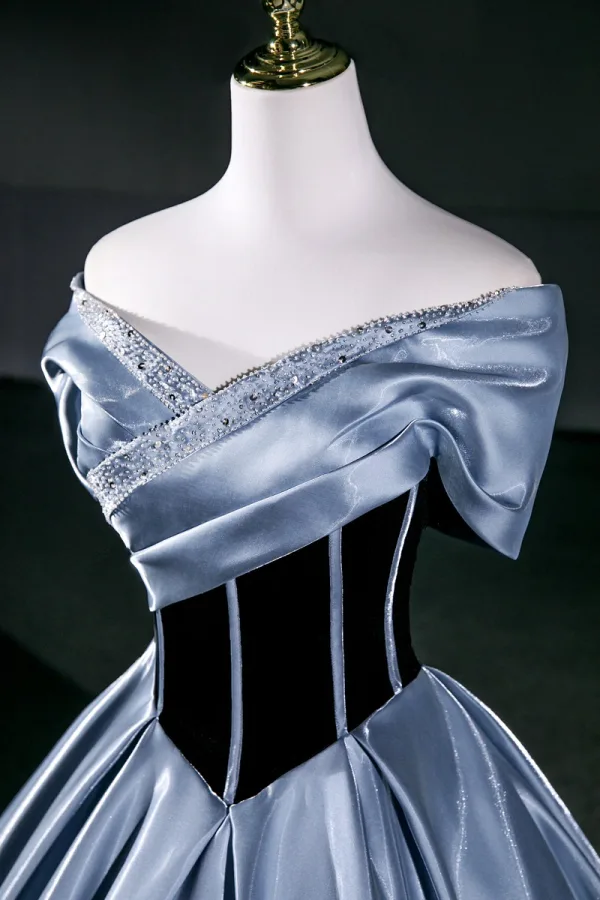 Vintage / Retro Sky Blue Prom Dresses 2026 Ball Gown Off-The-Shoulder Short Sleeve Backless Floor-Length / Long Formal Dresses