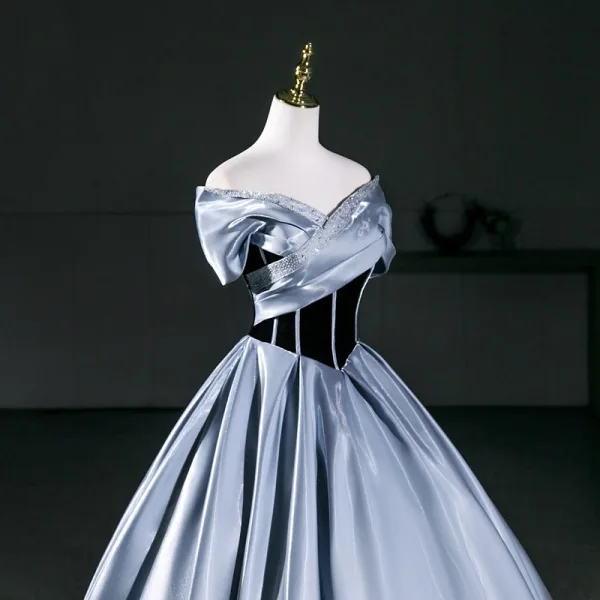 Vintage / Retro Sky Blue Prom Dresses 2026 Ball Gown Off-The-Shoulder Short Sleeve Backless Floor-Length / Long Formal Dresses