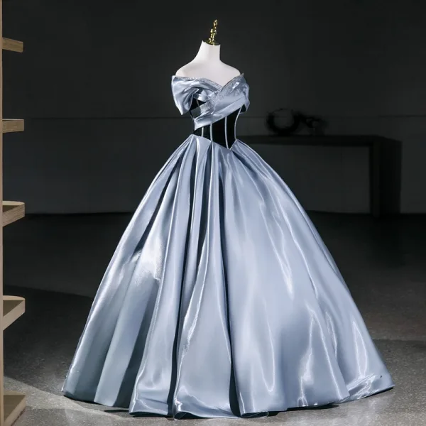 Vintage / Retro Sky Blue Prom Dresses 2026 Ball Gown Off-The-Shoulder Short Sleeve Backless Floor-Length / Long Formal Dresses