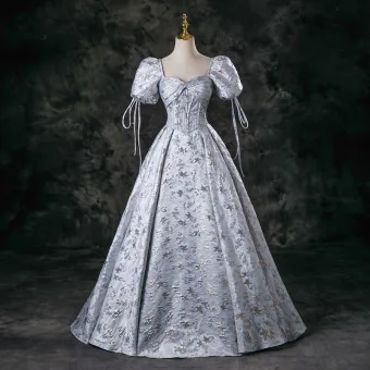 Elegant Silver Grey Printing Prom Dresses 2025 Ball Gown Square Neckline Puffy Short Sleeve Backless Floor Length Long Formal Dresses