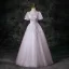 Flower Fairy Blushing Pink Beading Appliques Sequins Prom Dresses 2025 Ball Gown Square Neckline Short Sleeve Backless Floor-Length / Long Formal Dresses