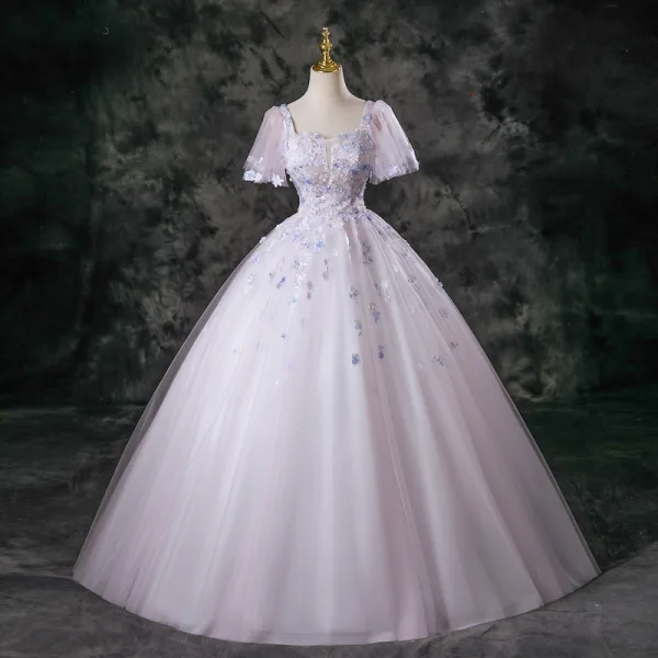 Flower Fairy Blushing Pink Beading Appliques Sequins Prom Dresses 2025 Ball Gown Square Neckline Short Sleeve Backless Floor-Length / Long Formal Dresses