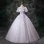 Flower Fairy Blushing Pink Beading Appliques Sequins Prom Dresses 2025 Ball Gown Square Neckline Short Sleeve Backless Floor-Length / Long Formal Dresses