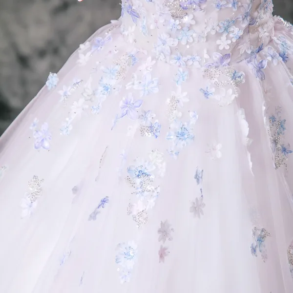 Flower Fairy Blushing Pink Beading Appliques Sequins Prom Dresses 2025 Ball Gown Square Neckline Short Sleeve Backless Floor-Length / Long Formal Dresses