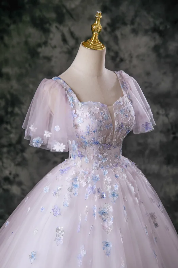 Flower Fairy Blushing Pink Beading Appliques Sequins Prom Dresses 2025 Ball Gown Square Neckline Short Sleeve Backless Floor-Length / Long Formal Dresses