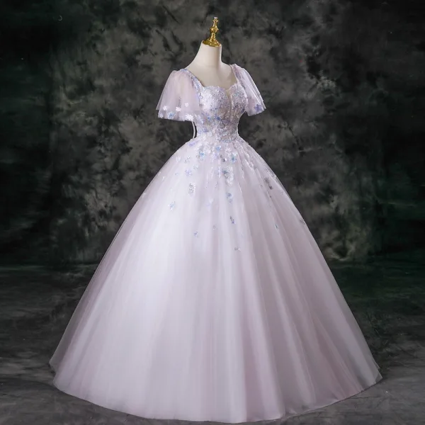 Flower Fairy Blushing Pink Beading Appliques Sequins Prom Dresses 2025 Ball Gown Square Neckline Short Sleeve Backless Floor-Length / Long Formal Dresses