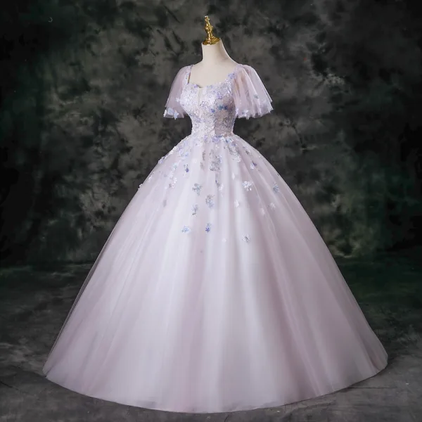 Flower Fairy Blushing Pink Beading Appliques Sequins Prom Dresses 2025 Ball Gown Square Neckline Short Sleeve Backless Floor-Length / Long Formal Dresses