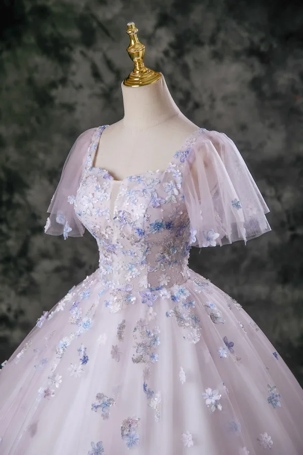 Flower Fairy Blushing Pink Beading Appliques Sequins Prom Dresses 2025 Ball Gown Square Neckline Short Sleeve Backless Floor-Length / Long Formal Dresses