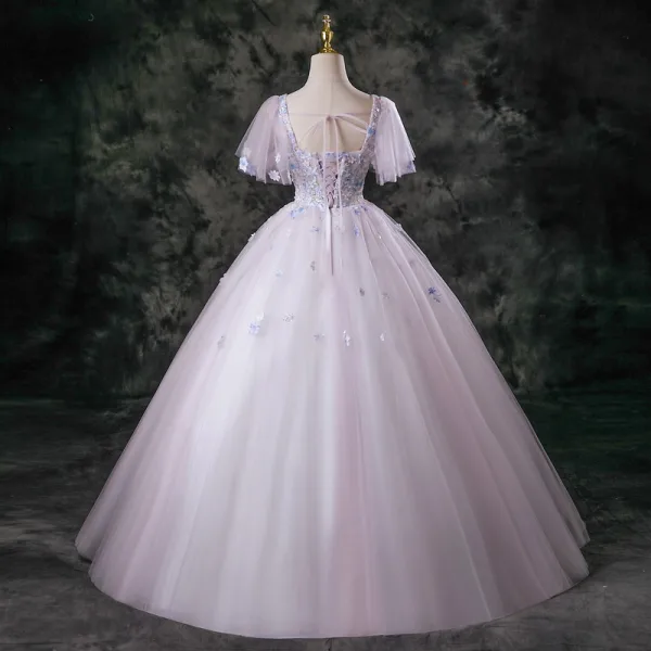 Flower Fairy Blushing Pink Beading Appliques Sequins Prom Dresses 2025 Ball Gown Square Neckline Short Sleeve Backless Floor-Length / Long Formal Dresses