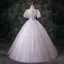 Flower Fairy Blushing Pink Beading Appliques Sequins Prom Dresses 2025 Ball Gown Square Neckline Short Sleeve Backless Floor-Length / Long Formal Dresses