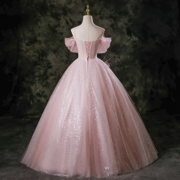 Lovely Pearl Pink Appliques Sequins Butterfly Lace Flower Tassel Prom Dresses 2025 Ball Gown Spaghetti Straps Short Sleeve Backless Floor-Length / Long