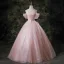 Lovely Pearl Pink Appliques Sequins Butterfly Lace Flower Tassel Prom Dresses 2025 Ball Gown Spaghetti Straps Short Sleeve Backless Floor-Length / Long