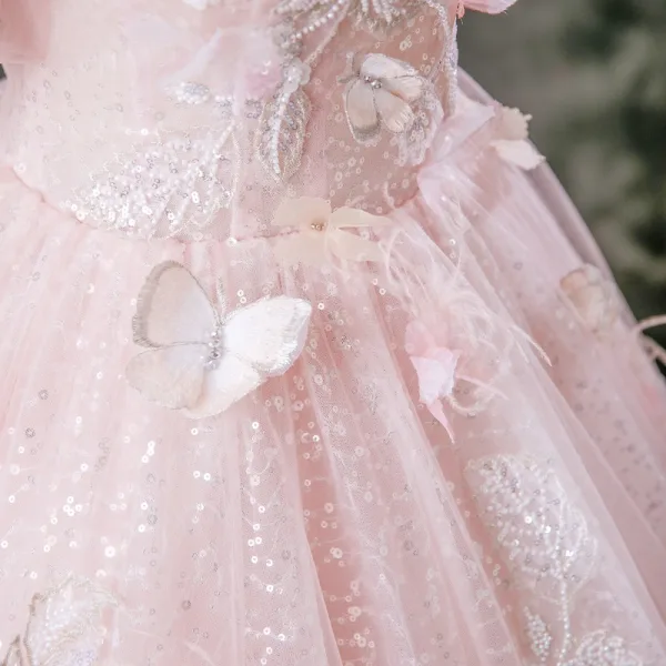 Lovely Pearl Pink Appliques Sequins Butterfly Lace Flower Tassel Prom Dresses 2025 Ball Gown Spaghetti Straps Short Sleeve Backless Floor-Length / Long