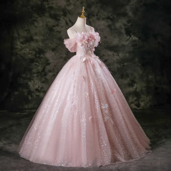 Lovely Pearl Pink Appliques Sequins Butterfly Lace Flower Tassel Prom Dresses 2025 Ball Gown Spaghetti Straps Short Sleeve Backless Floor-Length / Long