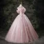 Lovely Pearl Pink Appliques Sequins Butterfly Lace Flower Tassel Prom Dresses 2025 Ball Gown Spaghetti Straps Short Sleeve Backless Floor-Length / Long