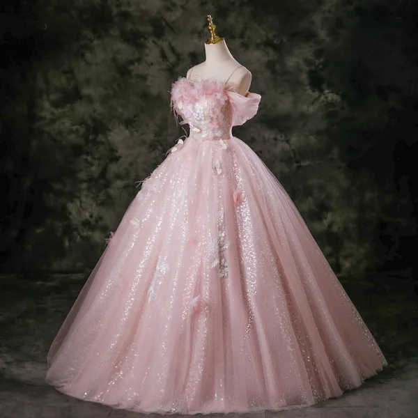 Lovely Pearl Pink Appliques Sequins Butterfly Lace Flower Tassel Prom Dresses 2025 Ball Gown Spaghetti Straps Short Sleeve Backless Floor-Length / Long