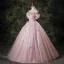 Lovely Pearl Pink Appliques Sequins Butterfly Lace Flower Tassel Prom Dresses 2025 Ball Gown Spaghetti Straps Short Sleeve Backless Floor-Length / Long