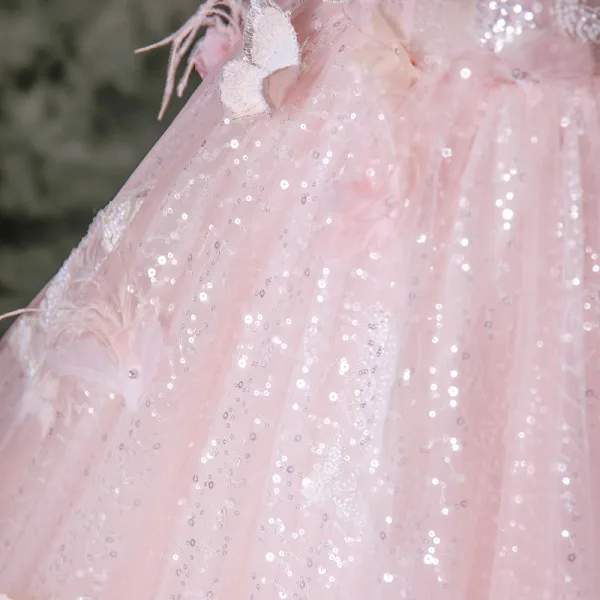 Lovely Pearl Pink Appliques Sequins Butterfly Lace Flower Tassel Prom Dresses 2025 Ball Gown Spaghetti Straps Short Sleeve Backless Floor-Length / Long