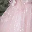 Lovely Pearl Pink Appliques Sequins Butterfly Lace Flower Tassel Prom Dresses 2025 Ball Gown Spaghetti Straps Short Sleeve Backless Floor-Length / Long