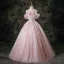 Lovely Pearl Pink Appliques Sequins Butterfly Lace Flower Tassel Prom Dresses 2025 Ball Gown Spaghetti Straps Short Sleeve Backless Floor-Length / Long