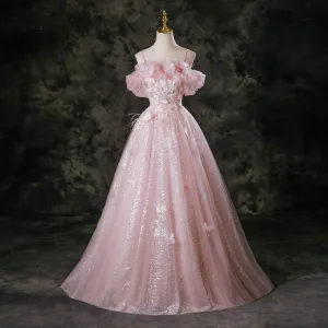 Charmant Perle Rose Appliques Paillettes Papillon En Dentelle Fleur Gland Robe De Bal 2025 Robe Boule Bretelles Spaghetti Manches Courtes Dos Nu Longue