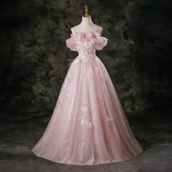 Lovely Pearl Pink Appliques Sequins Butterfly Lace Flower Tassel Prom Dresses 2025 Ball Gown Spaghetti Straps Short Sleeve Backless Floor Length Long