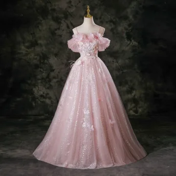 Charmant Perle Rose Appliques Paillettes Papillon En Dentelle Fleur Gland Robe De Bal 2025 Robe Boule Bretelles Spaghetti Manches Courtes Dos Nu Longue