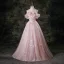 Lovely Pearl Pink Appliques Sequins Butterfly Lace Flower Tassel Prom Dresses 2025 Ball Gown Spaghetti Straps Short Sleeve Backless Floor-Length / Long