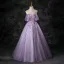 Chic / Beautiful Lavender Beading Sequins Prom Dresses 2025 Ball Gown Off-The-Shoulder Short Sleeve Backless Floor-Length / Long Formal Dresses