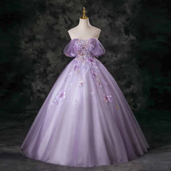 Chic / Beautiful Lavender Beading Sequins Prom Dresses 2025 Ball Gown Off-The-Shoulder Short Sleeve Backless Floor-Length / Long Formal Dresses