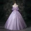 Chic / Beautiful Lavender Beading Sequins Prom Dresses 2025 Ball Gown Off-The-Shoulder Short Sleeve Backless Floor-Length / Long Formal Dresses