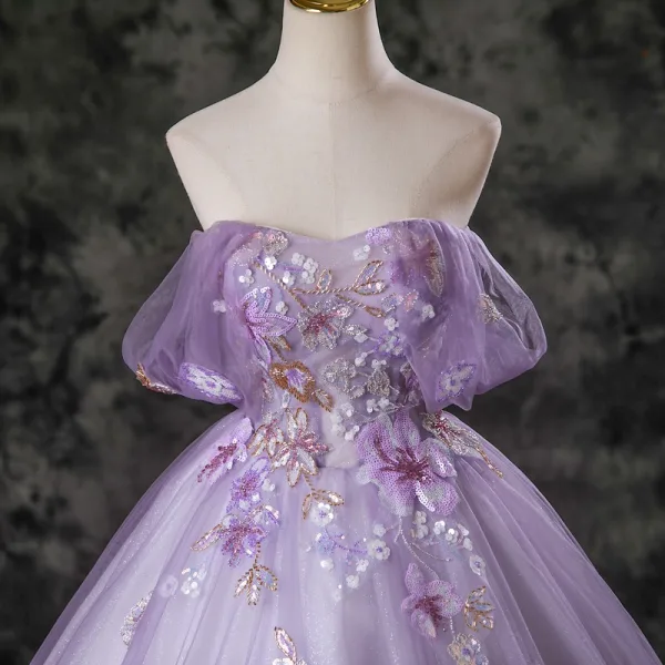 Chic / Beautiful Lavender Beading Sequins Prom Dresses 2025 Ball Gown Off-The-Shoulder Short Sleeve Backless Floor-Length / Long Formal Dresses