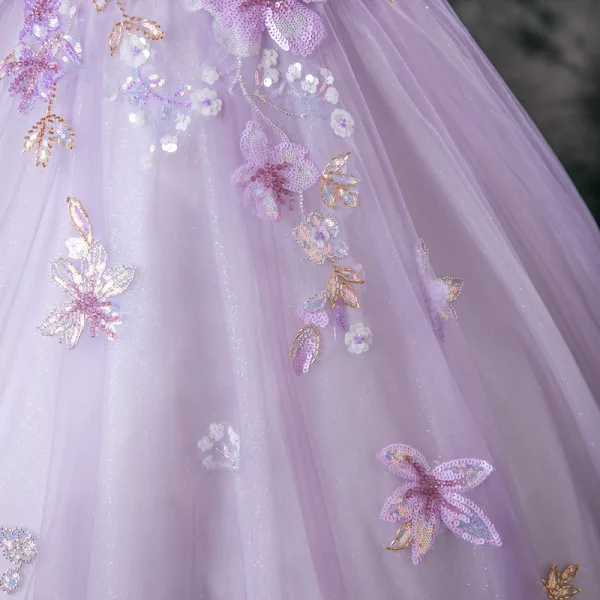Chic / Beautiful Lavender Beading Sequins Prom Dresses 2025 Ball Gown Off-The-Shoulder Short Sleeve Backless Floor-Length / Long Formal Dresses