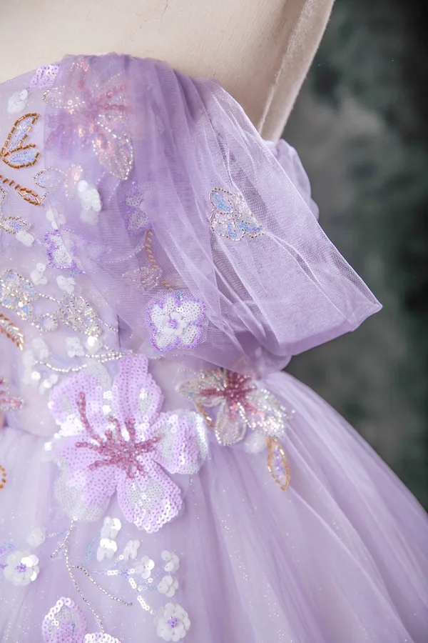 Chic / Beautiful Lavender Beading Sequins Prom Dresses 2025 Ball Gown Off-The-Shoulder Short Sleeve Backless Floor-Length / Long Formal Dresses