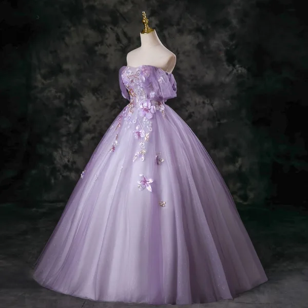 Chic / Beautiful Lavender Beading Sequins Prom Dresses 2025 Ball Gown Off-The-Shoulder Short Sleeve Backless Floor-Length / Long Formal Dresses