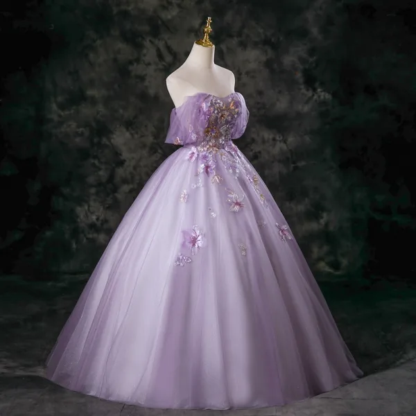 Chic / Beautiful Lavender Beading Sequins Prom Dresses 2025 Ball Gown Off-The-Shoulder Short Sleeve Backless Floor-Length / Long Formal Dresses