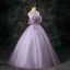 Chic / Beautiful Lavender Beading Sequins Prom Dresses 2025 Ball Gown Off-The-Shoulder Short Sleeve Backless Floor-Length / Long Formal Dresses
