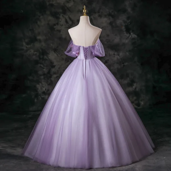 Chic / Beautiful Lavender Beading Sequins Prom Dresses 2025 Ball Gown Off-The-Shoulder Short Sleeve Backless Floor-Length / Long Formal Dresses