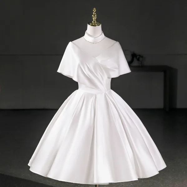 Vintage / Retro Ivory Beading Homecoming Graduation Dresses 2026 Ball Gown High Neck Short Sleeve Backless Knee-Length Formal Dresses