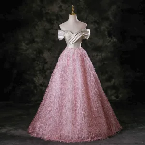 Charmant Rose Bonbon Gland Robe De Bal 2025 Robe Boule De L Épaule Manches Courtes Dos Nu Longue Robe De Ceremonie