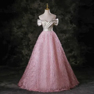 Charming Candy Pink Tassel Prom Dresses 2025 Ball Gown Off The Shoulder Short Sleeve Backless Floor Length Long Formal Dresses