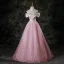 Charming Candy Pink Tassel Prom Dresses 2025 Ball Gown Off-The-Shoulder Short Sleeve Backless Floor-Length / Long Formal Dresses