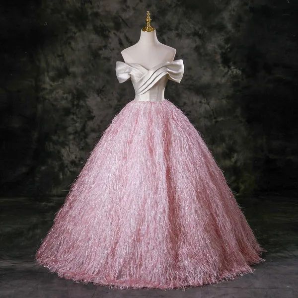 Charming Candy Pink Tassel Prom Dresses 2025 Ball Gown Off-The-Shoulder Short Sleeve Backless Floor-Length / Long Formal Dresses